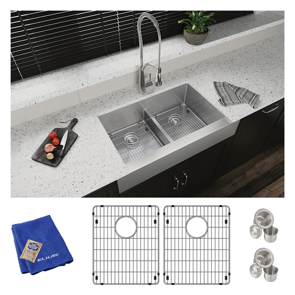 Elkay Crosstown 18 Gauge Stainless Steel 35-7/8" x 20-1/4" x 9" Equal Double Bowl Farmhouse Sink Kit with Aqua Divide ECTRUFA32179C