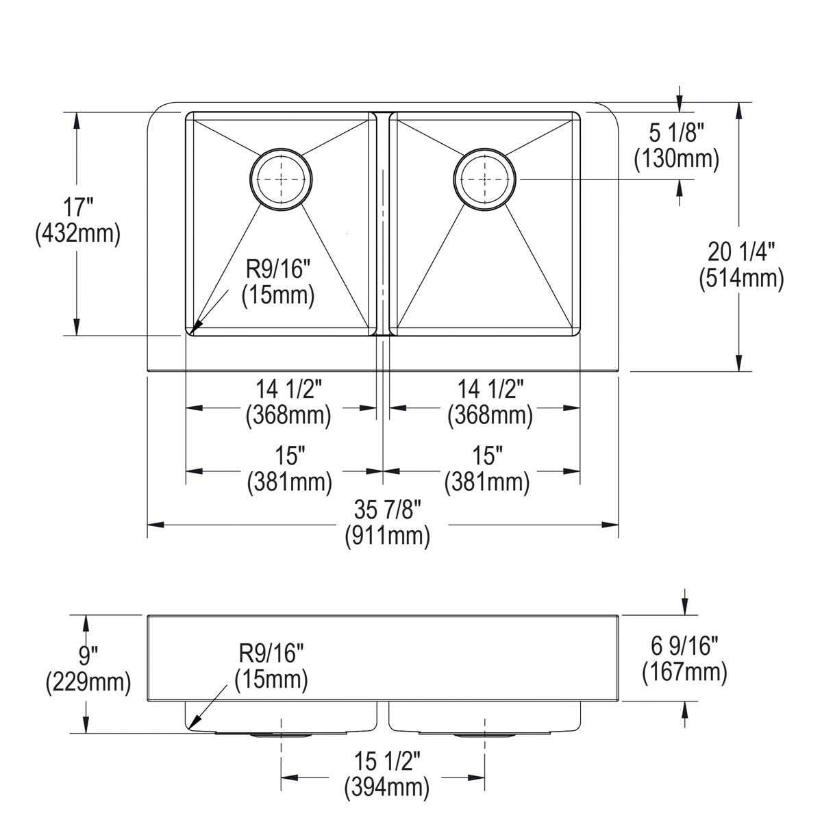 Elkay Crosstown 18 Gauge Stainless Steel 35-7/8" x 20-1/4" x 9" Equal Double Bowl Farmhouse Sink Kit with Aqua Divide ECTRUFA32179C