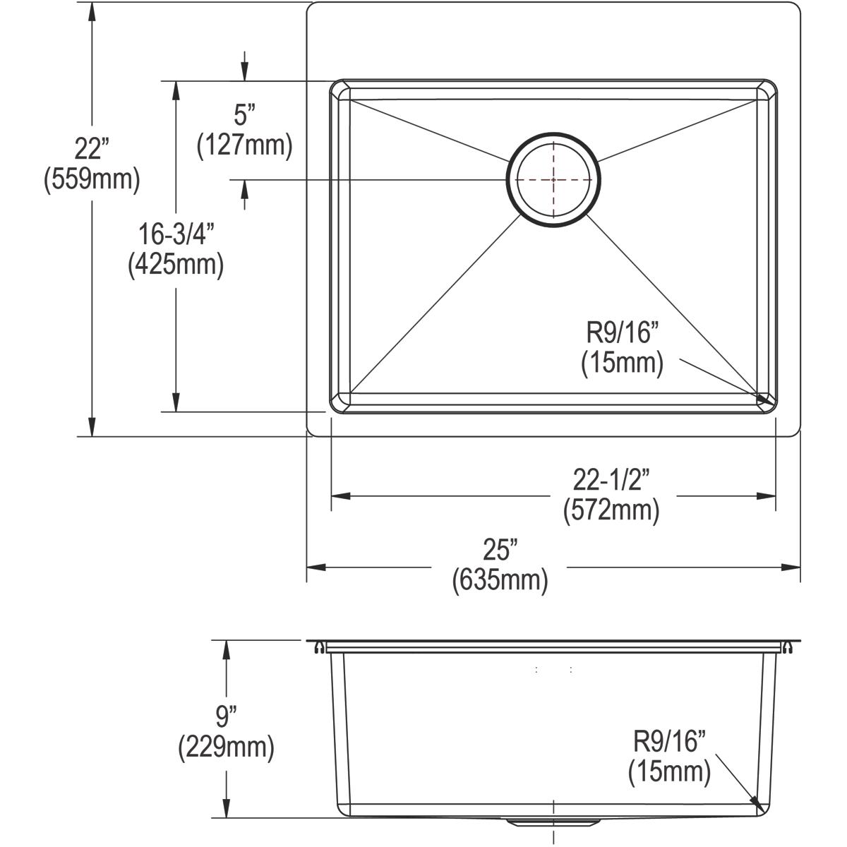 Elkay Crosstown 18 Gauge Stainless Steel 25" x 22" x 9" 4-Hole Single Bowl Dual Mount Sink Kit ECTSR25229TBG4