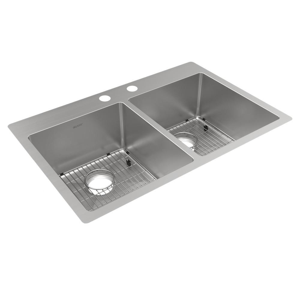 Elkay Crosstown 18 Gauge Stainless Steel 33" x 22" x 9" 2-Hole Equal Double Bowl Dual Mount Sink Kit ECTSR33229TBG2
