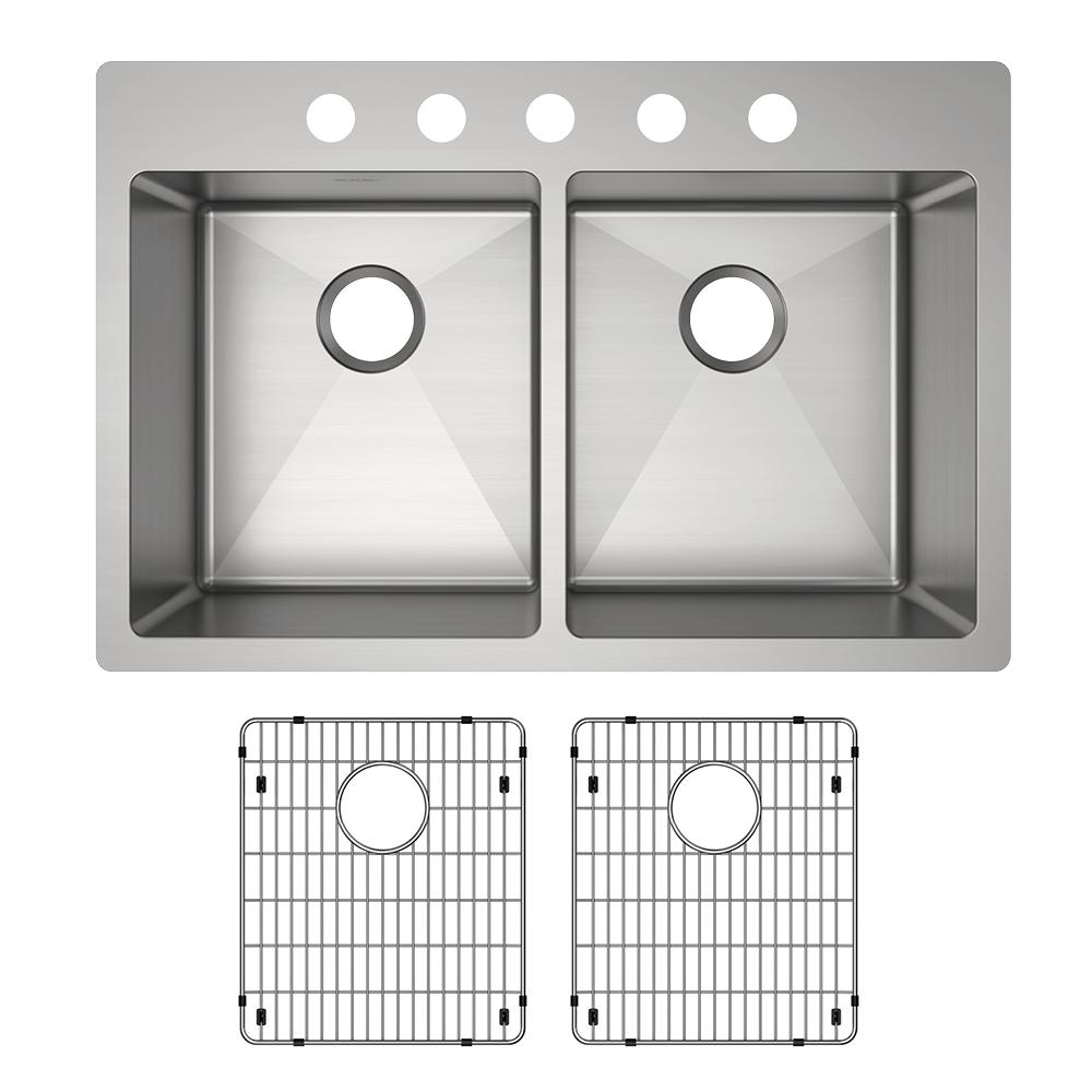 Elkay Crosstown 18 Gauge Stainless Steel 33" x 22" x 9" 5-Hole Equal Double Bowl Dual Mount Sink Kit ECTSR33229TBG5