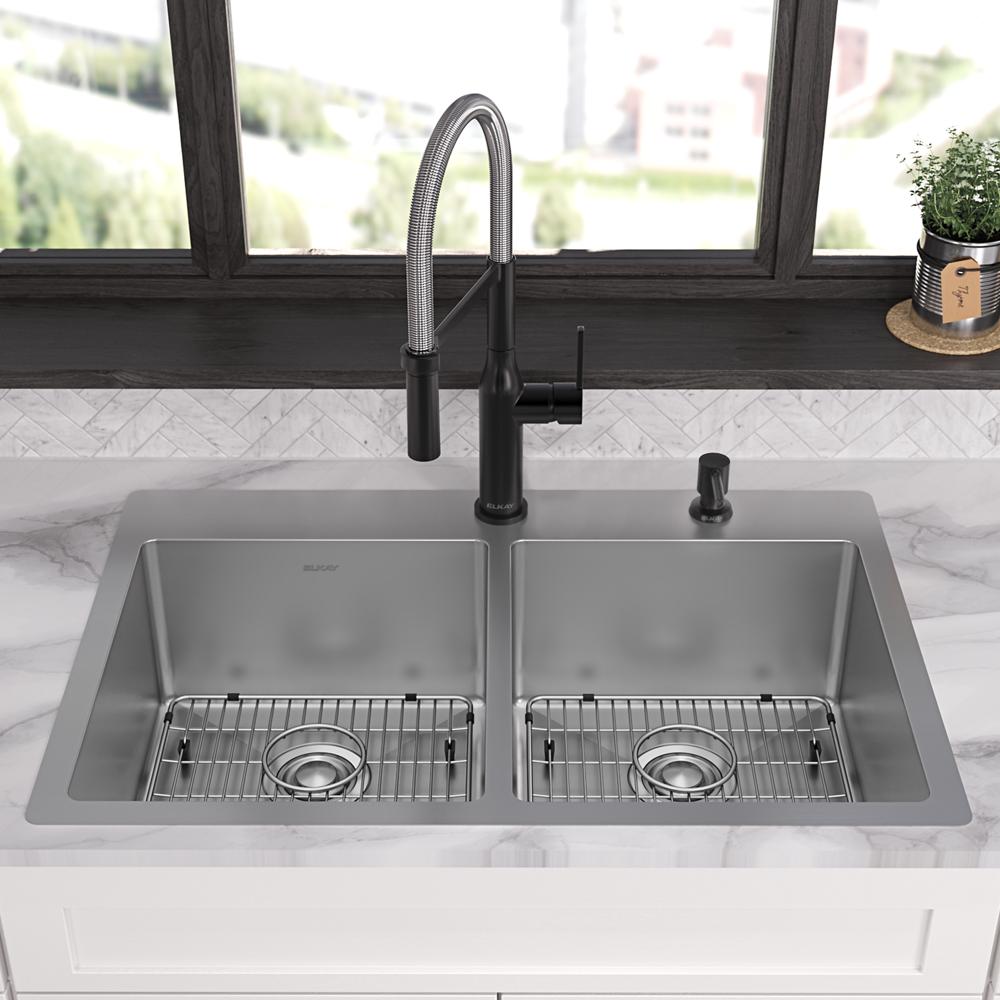 Elkay Crosstown 18 Gauge Stainless Steel 33" x 22" x 9" FR2-Hole Equal Double Bowl Dual Mount Sink Kit ECTSR33229TBGFR2