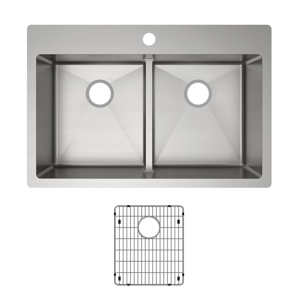 Elkay Crosstown 18 Gauge Stainless Steel 33" x 22" x 9" 1-Hole Equal Double Bowl Dual Mount Sink Kit with Aqua Divide ECTSRA33229TBG1
