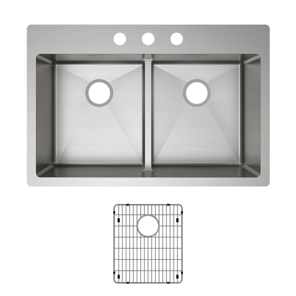 Elkay Crosstown 18 Gauge Stainless Steel 33" x 22" x 9" 3-Hole Equal Double Bowl Dual Mount Sink Kit with Aqua Divide ECTSRA33229TBG3