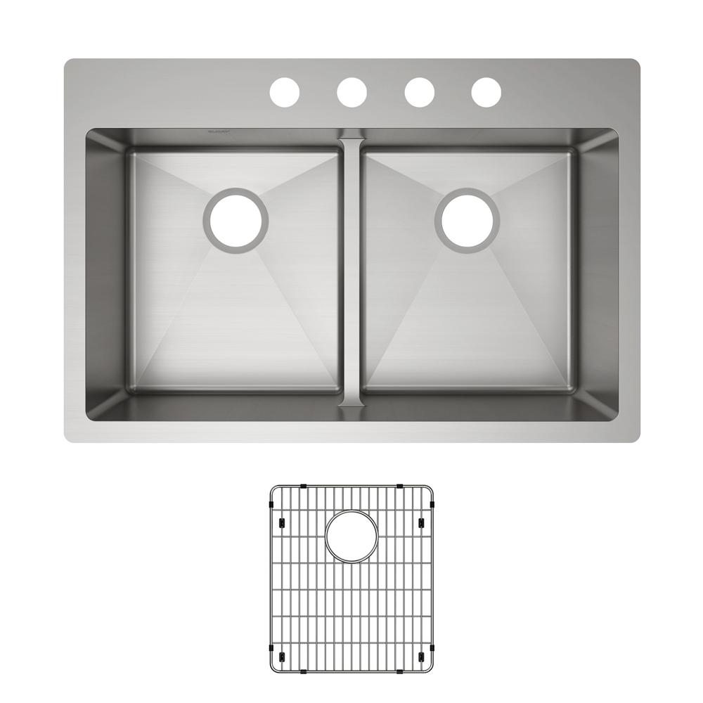 Elkay Crosstown 18 Gauge Stainless Steel 33" x 22" x 9" 4-Hole Equal Double Bowl Dual Mount Sink Kit with Aqua Divide ECTSRA33229TBG4