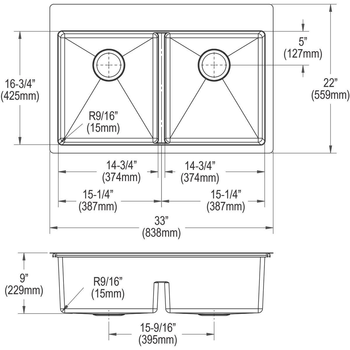 Elkay Crosstown 18 Gauge Stainless Steel 33" x 22" x 9" 3-Hole Equal Double Bowl Dual Mount Sink Kit with Aqua Divide ECTSRA33229TBG3