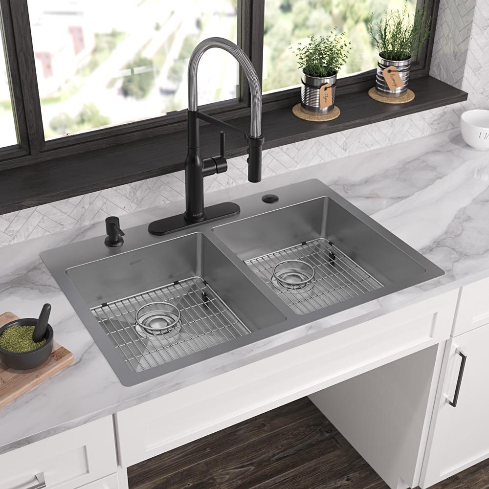 Elkay Crosstown 18 Gauge Stainless Steel 33" x 22" x 6" 5-Hole Equal Double Bowl Dual Mount ADA Sink Kit ECTSRAD33226TBG5