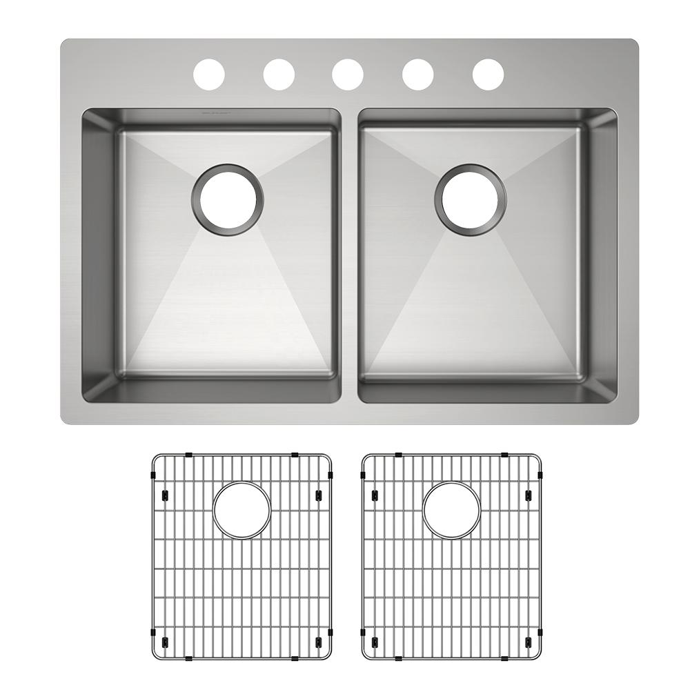 Elkay Crosstown 18 Gauge Stainless Steel 33" x 22" x 6" 5-Hole Equal Double Bowl Dual Mount ADA Sink Kit ECTSRAD33226TBG5