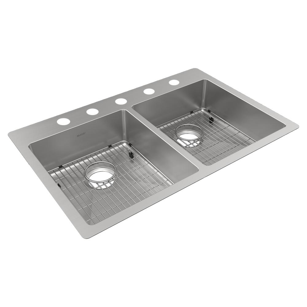 Elkay Crosstown 18 Gauge Stainless Steel 33" x 22" x 6" 5-Hole Equal Double Bowl Dual Mount ADA Sink Kit ECTSRAD33226TBG5