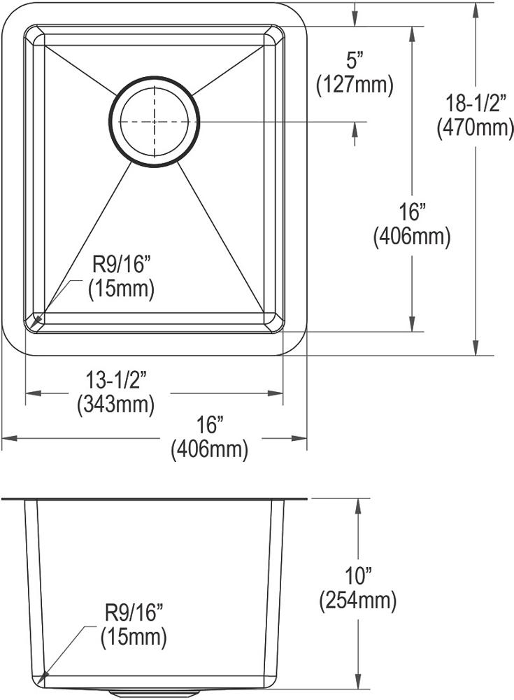 Elkay Crosstown 16 Gauge Stainless Steel 16" x 18-1/2" x 10" Single Bowl Undermount Sink EFRU131610T