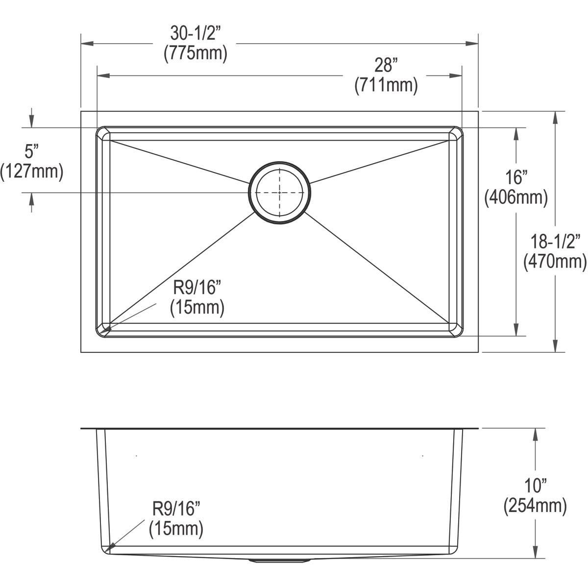 Elkay Crosstown 16 Gauge Stainless Steel 30-1/2" x 18-1/2" x 10" Single Bowl Undermount Sink Kit EFRU281610TC