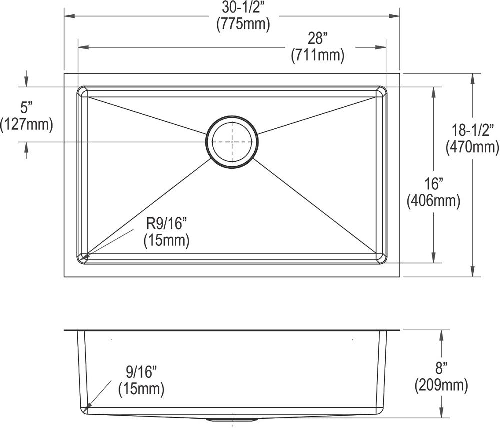 Elkay Crosstown 16 Gauge Stainless Steel 30-1/2" x 18-1/2" x 8" Single Bowl Undermount Sink EFRU2816T