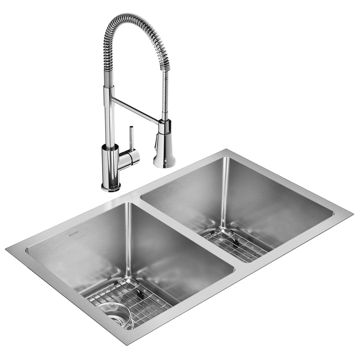 Elkay Crosstown 16 Gauge Stainless Steel 30-3/4" x 18-1/2" x 10" Equal Double Bowl Undermount Sink Kit with Faucet EFRU311810TFC