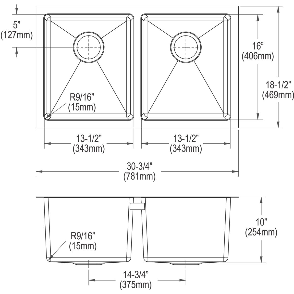 Elkay Crosstown 16 Gauge Stainless Steel 30-3/4" x 18-1/2" x 10" Equal Double Bowl Undermount Sink Kit EFRU311810TC