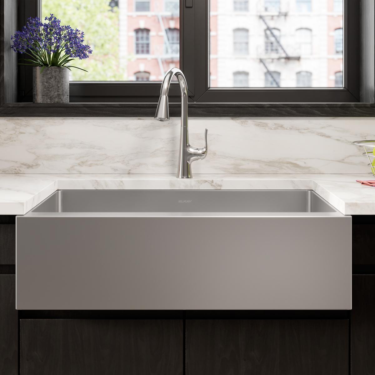 Elkay Crosstown 16 Gauge Stainless Steel 35-7/8" x 20-1/4" x 9" Equal Double Bowl Tall Farmhouse Sink Kit with Aqua Divide EFRUFFA3417DBG