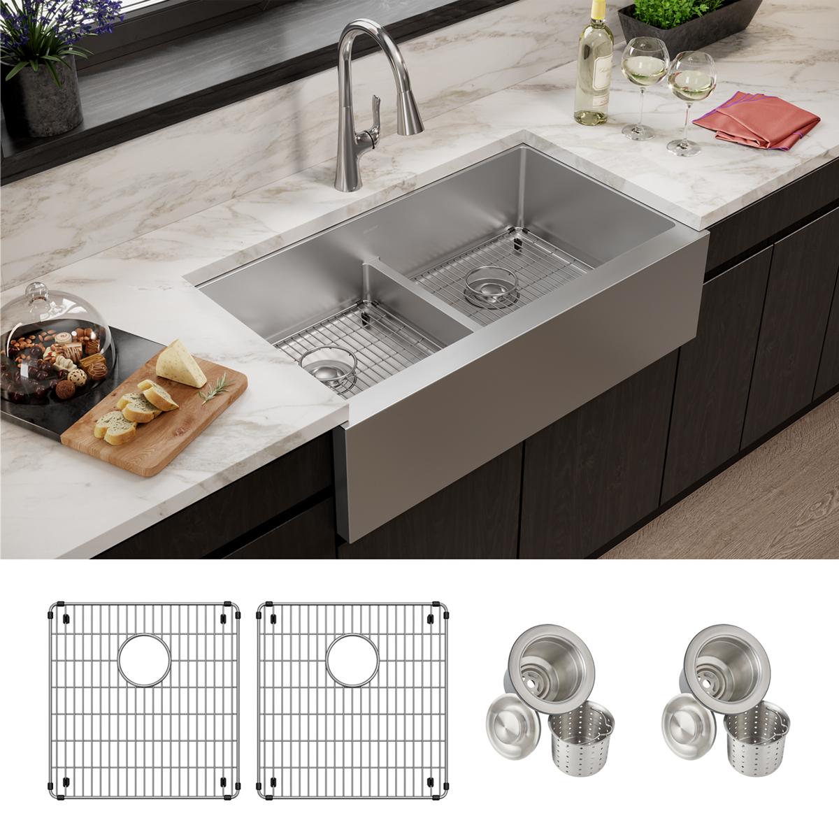 Elkay Crosstown 16 Gauge Stainless Steel 35-7/8" x 20-1/4" x 9" Equal Double Bowl Tall Farmhouse Sink Kit with Aqua Divide EFRUFFA3417DBG