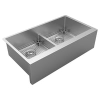 Elkay Crosstown 16 Gauge Stainless Steel 35-7/8" x 20-1/4" x 9" Equal Double Bowl Tall Farmhouse Sink Kit with Aqua Divide EFRUFFA3417DBG