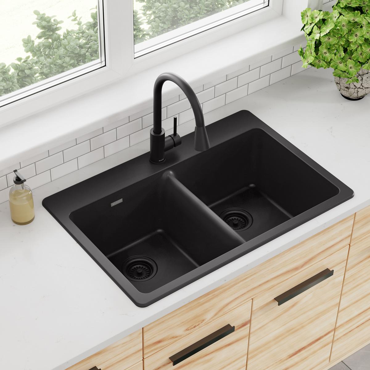 Elkay Quartz Classic 33" x 22" x 9-1/2", Equal Double Bowl Drop-in Sink, Black ELG3322BK0