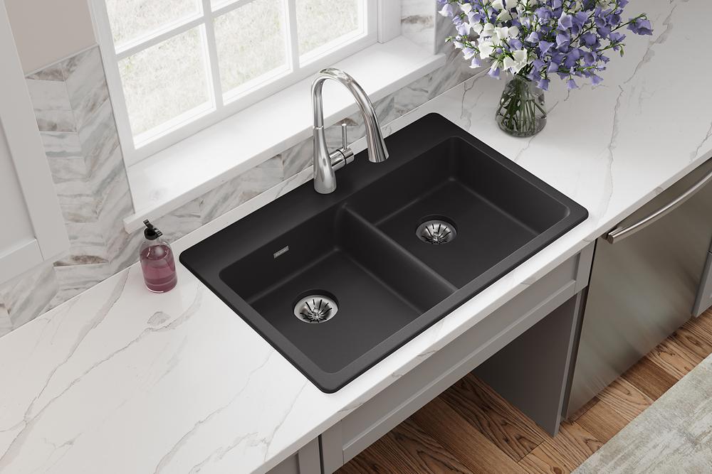 Elkay Quartz Classic 33" x 22" x 5-1/2" Double Bowl Drop-in ADA Sink with Perfect Drain Black ELGAD3322PDBK0