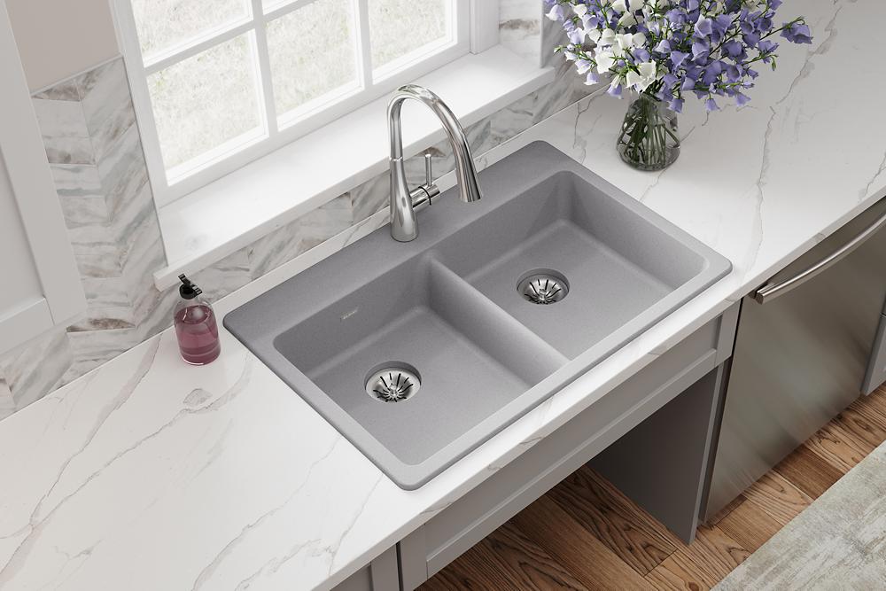 Elkay Quartz Classic 33" x 22" x 5-1/2" Double Bowl Drop-in ADA Sink with Perfect Drain Greystone ELGAD3322PDGS0