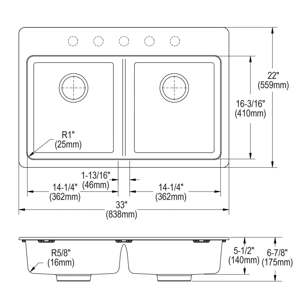 Elkay Quartz Classic 33" x 22" x 5-1/2" Double Bowl Drop-in ADA Sink with Perfect Drain Black ELGAD3322PDBK0