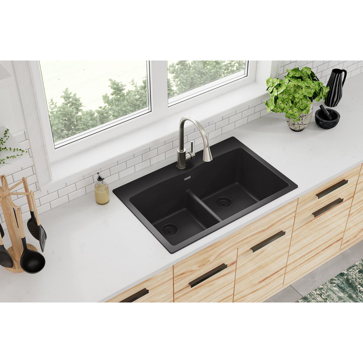 Elkay Quartz Classic 33" x 22" x 10", Equal Double Bowl Drop-in Sink with Aqua Divide, Black ELGDLB3322BK0