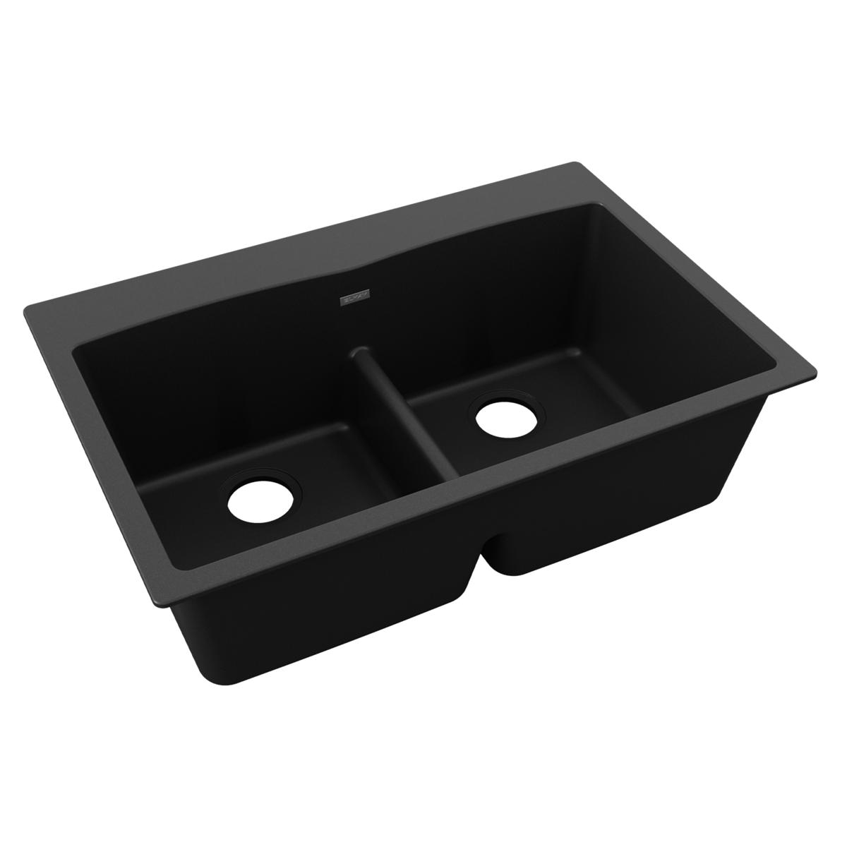 Elkay Quartz Classic 33" x 22" x 10", Equal Double Bowl Drop-in Sink with Aqua Divide, Black ELGDLB3322BK0