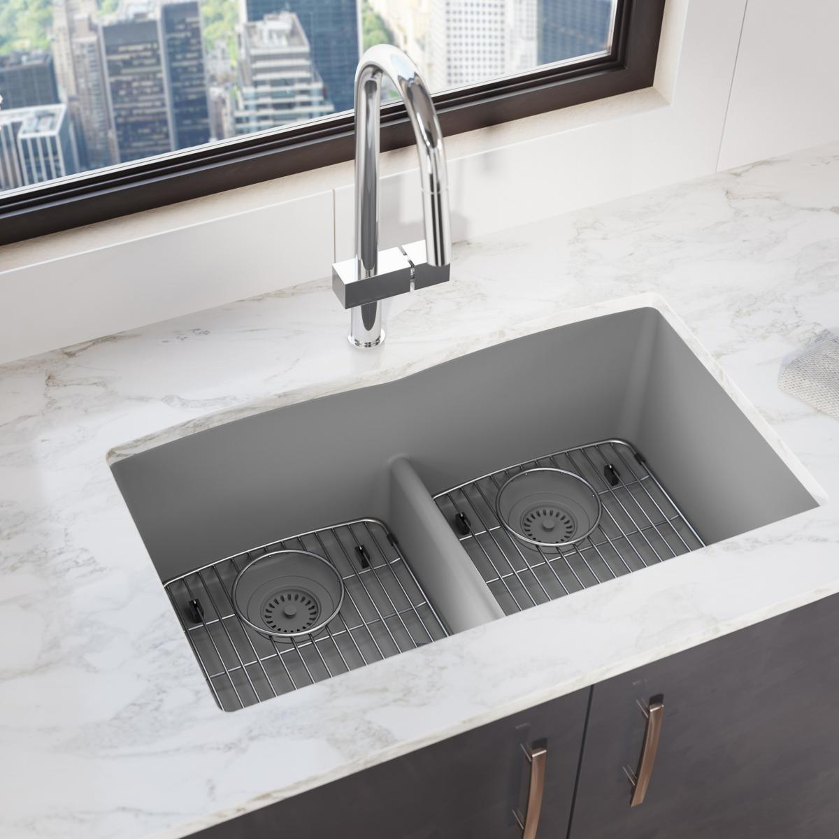 Elkay Quartz Classic 33" x 19" x 10", Equal Double Bowl Undermount Sink with Aqua Divide, Greystone ELGDULB3322GS0
