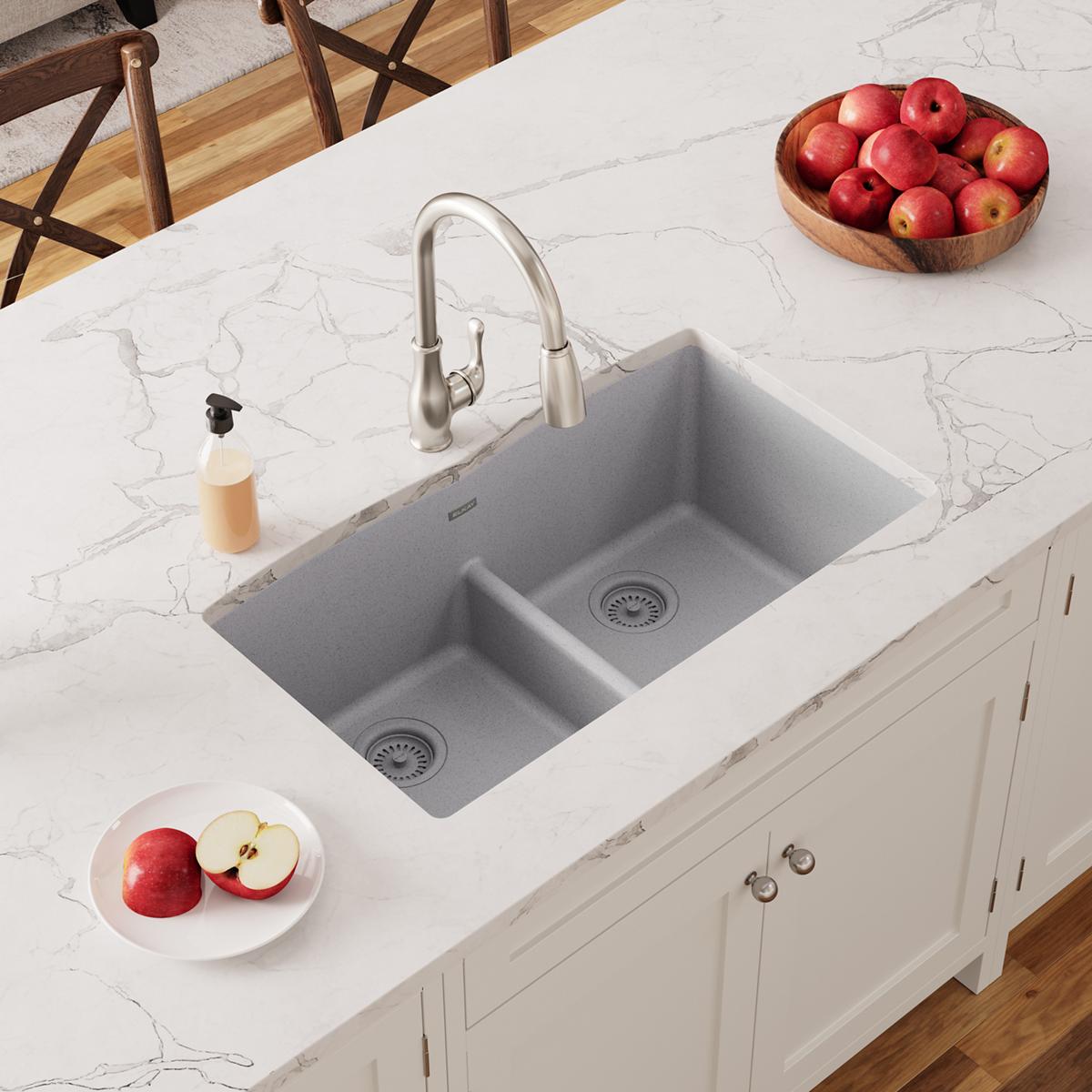 Elkay Quartz Classic 33" x 19" x 10", Equal Double Bowl Undermount Sink with Aqua Divide, Greystone ELGDULB3322GS0