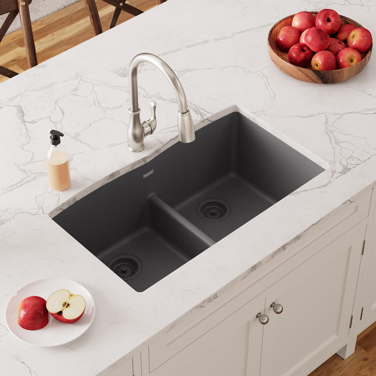 Elkay Quartz Classic 33" x 19" x 10", Equal Double Bowl Undermount Sink with Aqua Divide, Dusk Gray ELGDULB3322GY0
