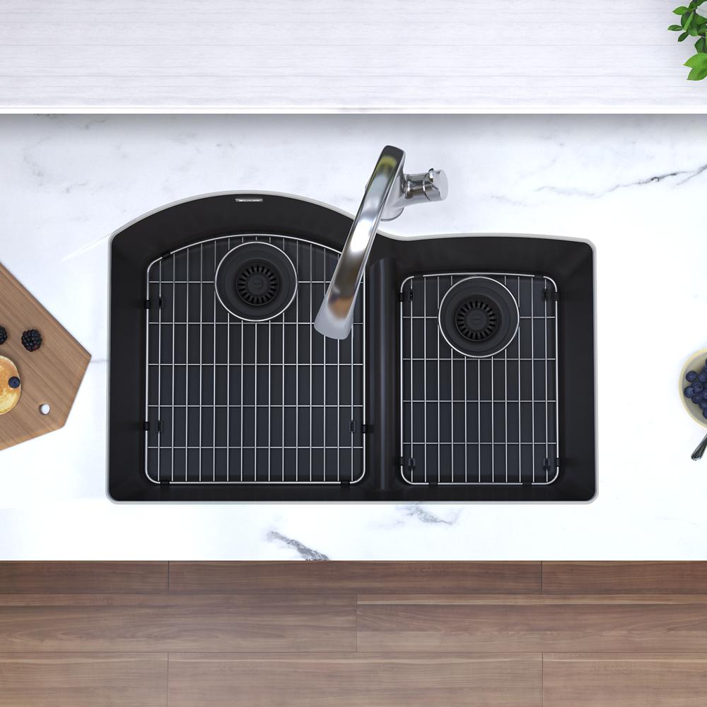 Elkay Quartz Classic 33" x 22" x 10" Offset 60/40 Double Bowl Undermount Sink Kit with Filtered Faucet with Aqua Divide Black ELGHU3322RBKFLC
