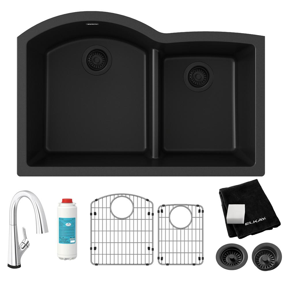 Elkay Quartz Classic 33" x 22" x 10" Offset 60/40 Double Bowl Undermount Sink Kit with Filtered Faucet with Aqua Divide Black ELGHU3322RBKFLC