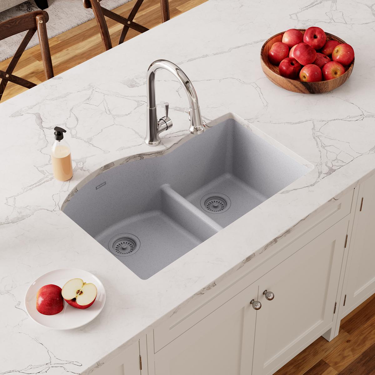 Elkay Quartz Classic 33" x 22" x 10", Offset 60/40 Double Bowl Undermount Sink with Aqua Divide, Greystone ELGHU3322RGS0