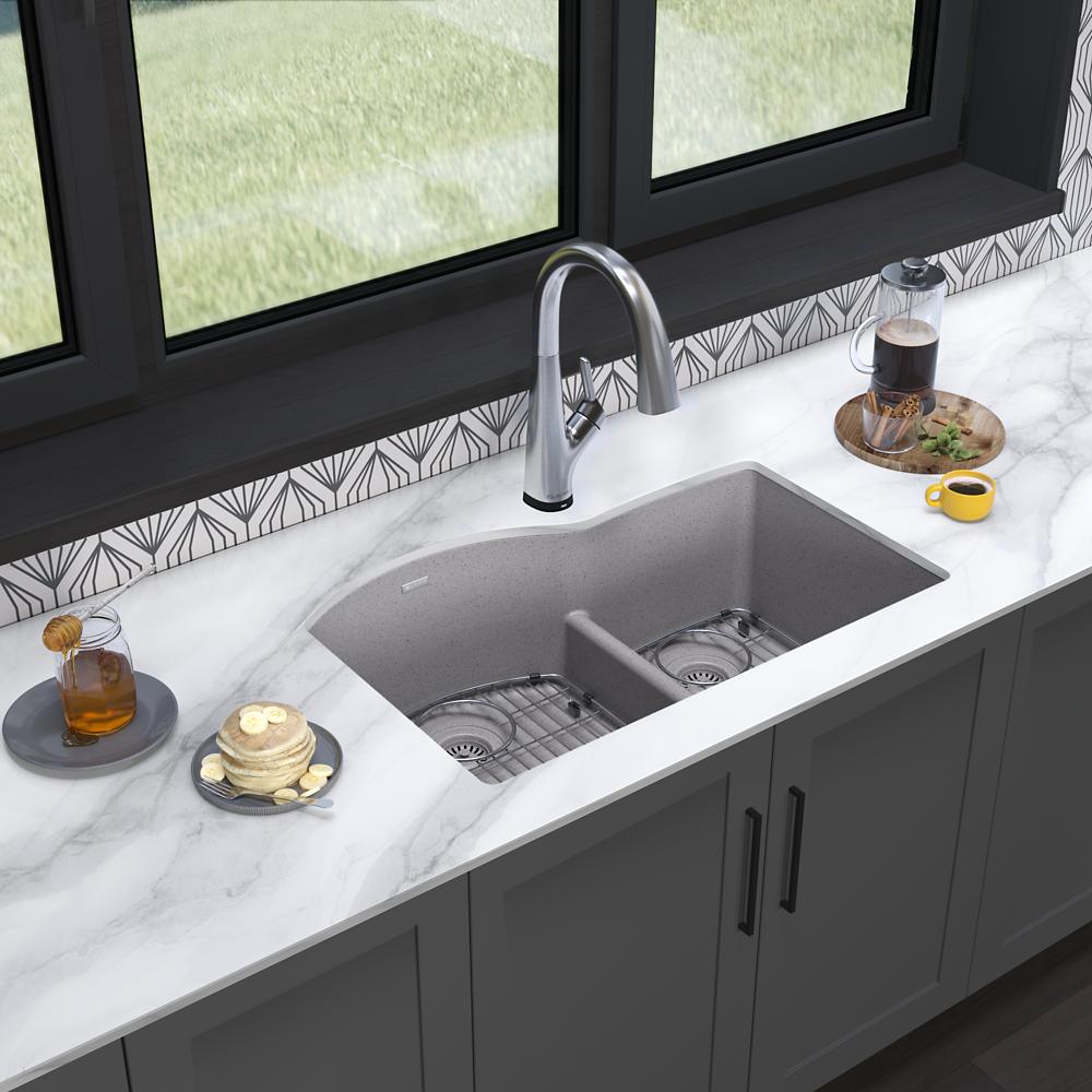 Elkay Quartz Classic 33" x 22" x 10" Offset 60/40 Double Bowl Undermount Sink Kit with Filtered Faucet with Aqua Divide Greystone ELGHU3322RGSFLC
