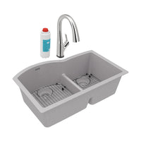 Elkay Quartz Classic 33" x 22" x 10" Offset 60/40 Double Bowl Undermount Sink Kit with Filtered Faucet with Aqua Divide Greystone ELGHU3322RGSFLC