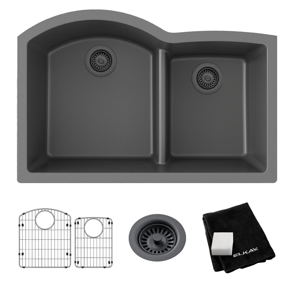 Elkay Quartz Classic 33" x 22" x 10" Offset 60/40 Double Bowl Undermount Sink Kit with Aqua Divide Graphite ELGHU3322RGT0C
