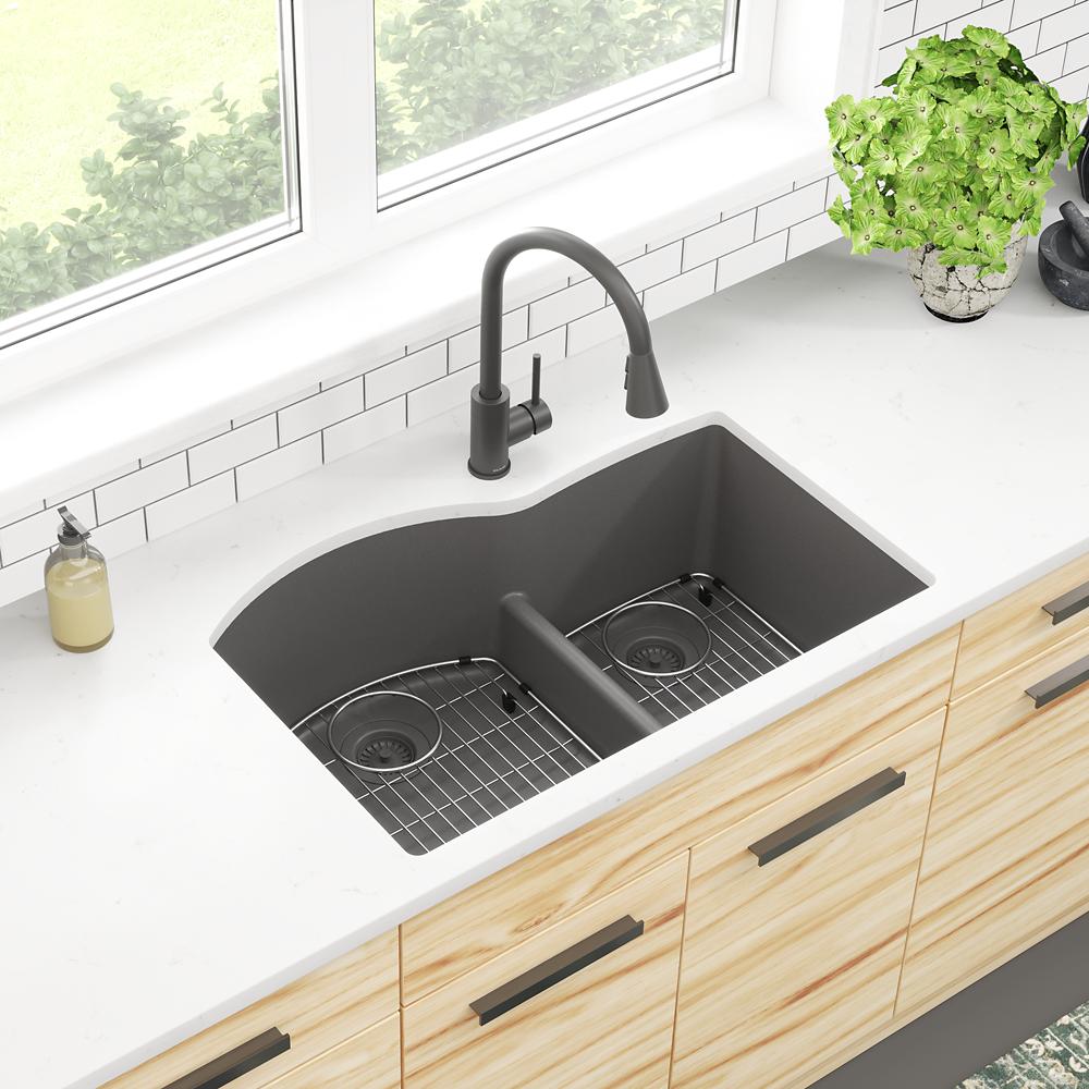 Elkay Quartz Classic 33" x 22" x 10" Offset 60/40 Double Bowl Undermount Sink Kit with Aqua Divide Graphite ELGHU3322RGT0C