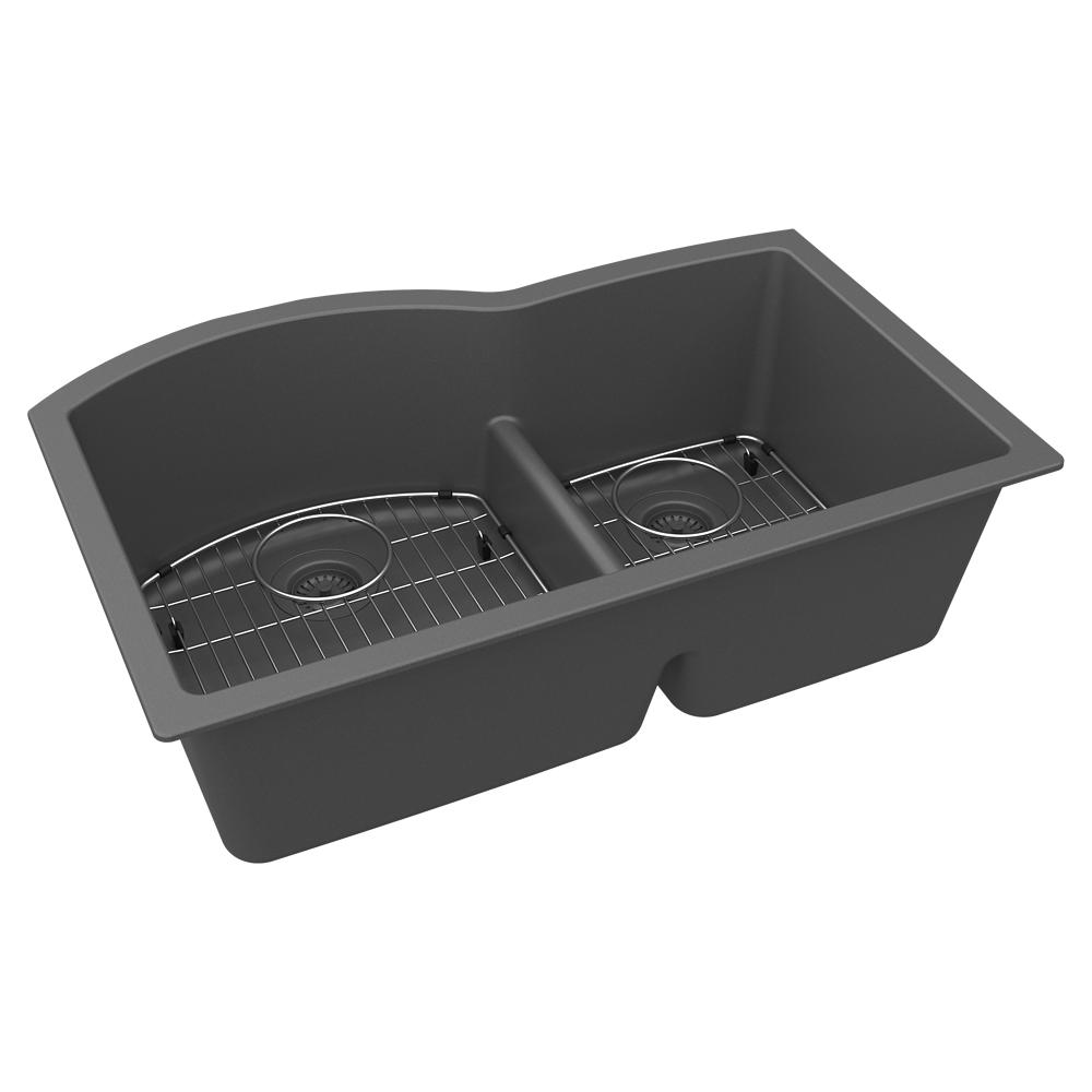 Elkay Quartz Classic 33" x 22" x 10" Offset 60/40 Double Bowl Undermount Sink Kit with Aqua Divide Graphite ELGHU3322RGT0C