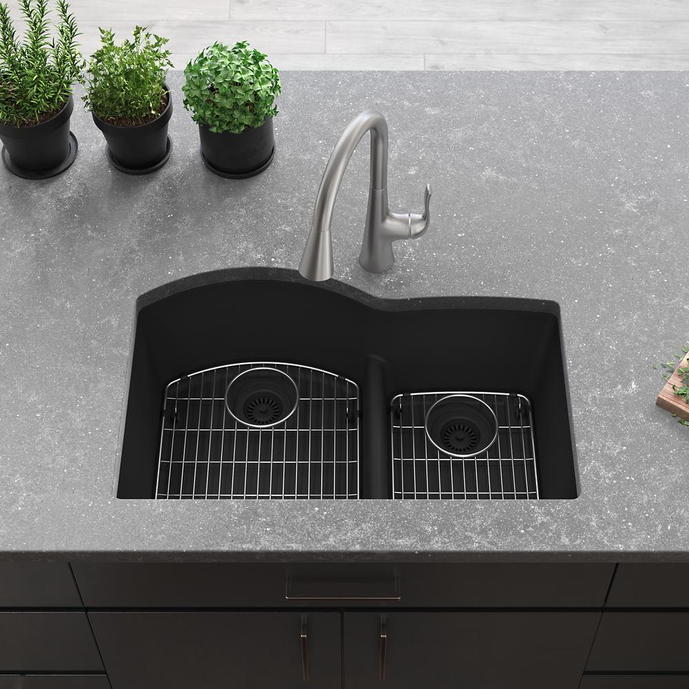 Elkay Quartz Classic 33" x 22" x 10" Offset 60/40 Double Bowl Undermount Sink Kit with Aqua Divide Matte Black ELGHU3322RMB0C