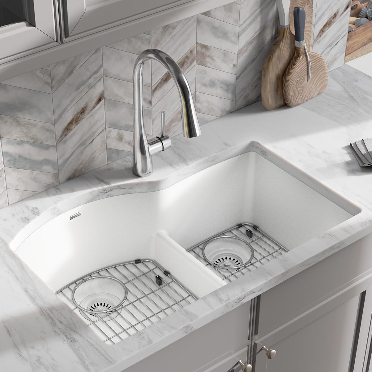 Elkay Quartz Classic 33" x 22" x 10", Offset 60/40 Double Bowl Undermount Sink Kit with Aqua Divide, White ELGHU3322RWH0C