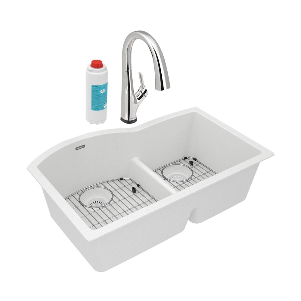 Elkay Quartz Classic 33" x 22" x 10" Offset 60/40 Double Bowl Undermount Sink Kit with Filtered Faucet with Aqua Divide White ELGHU3322RWHFLC