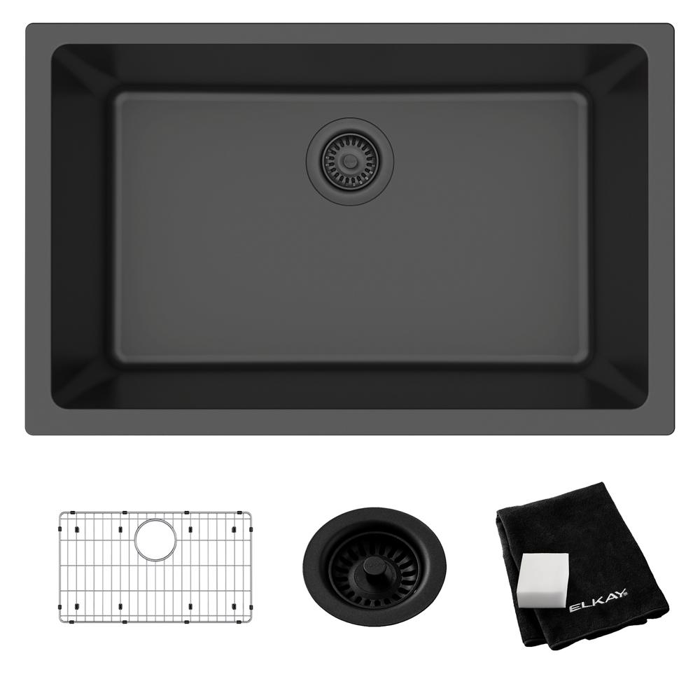 Elkay Quartz Classic 29-1/2" x 18-3/4" x 9-1/2" Single Bowl Undermount Sink Kit Black ELGRU13022BK0C