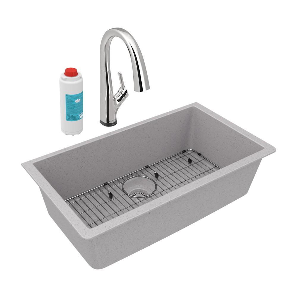 Elkay Quartz Classic 33" x 18-7/16" x 9-7/16" Single Bowl Undermount Sink Kit with Filtered Faucet Greystone ELGRU13322GSFLC