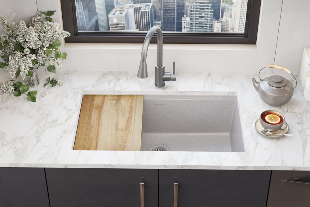 Elkay Quartz Classic 33" x 22" x 9-1/2" Single Bowl Undermount Workstation Sink 4pc Kit Greystone ELGRU13322WOGS0