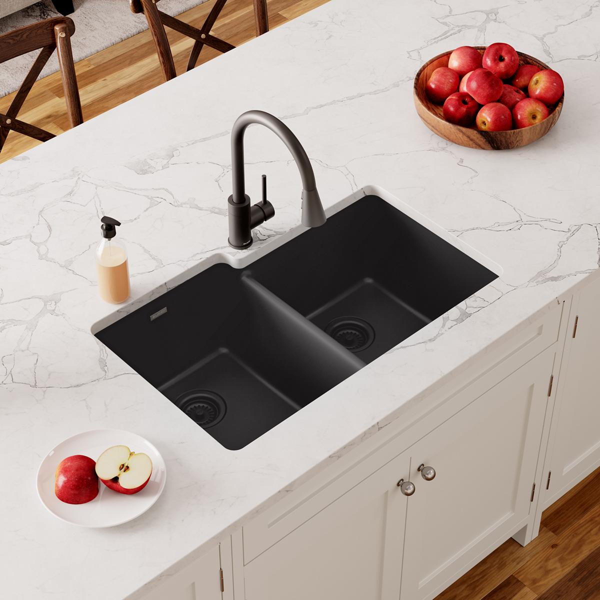 Elkay Quartz Classic 33" x 20-1/2" x 9-1/2", Offset Double Bowl Undermount Sink, Black ELGU250RBK0
