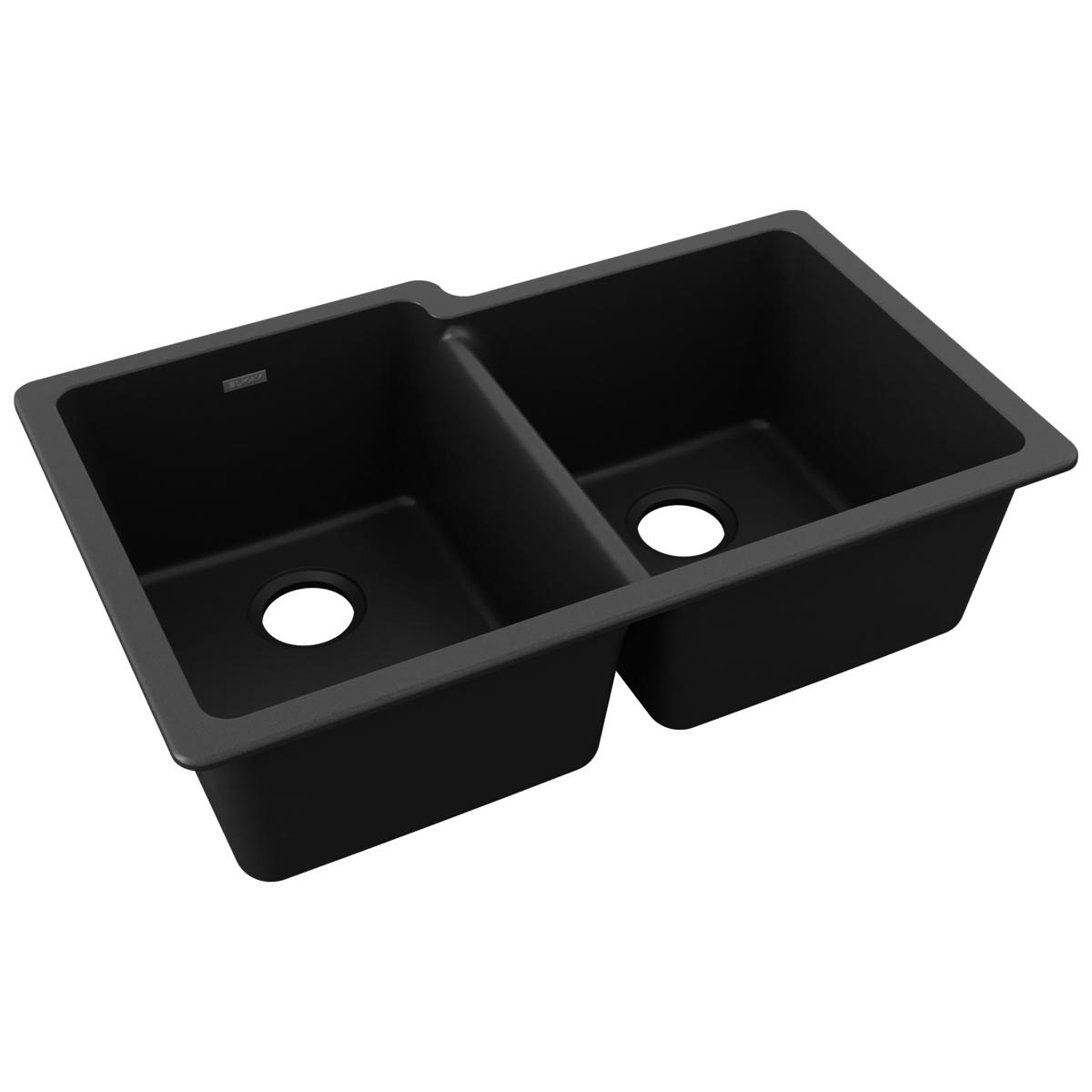 Elkay Quartz Classic 33" x 20-1/2" x 9-1/2", Offset Double Bowl Undermount Sink, Black ELGU250RBK0