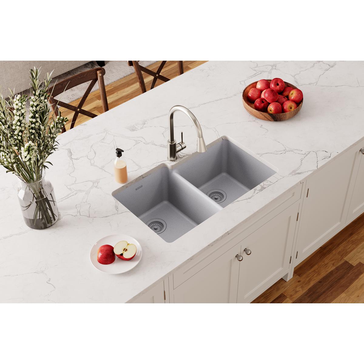 Elkay Quartz Classic 33" x 20-1/2" x 9-1/2", Offset Double Bowl Undermount Sink, Greystone ELGU250RGS0