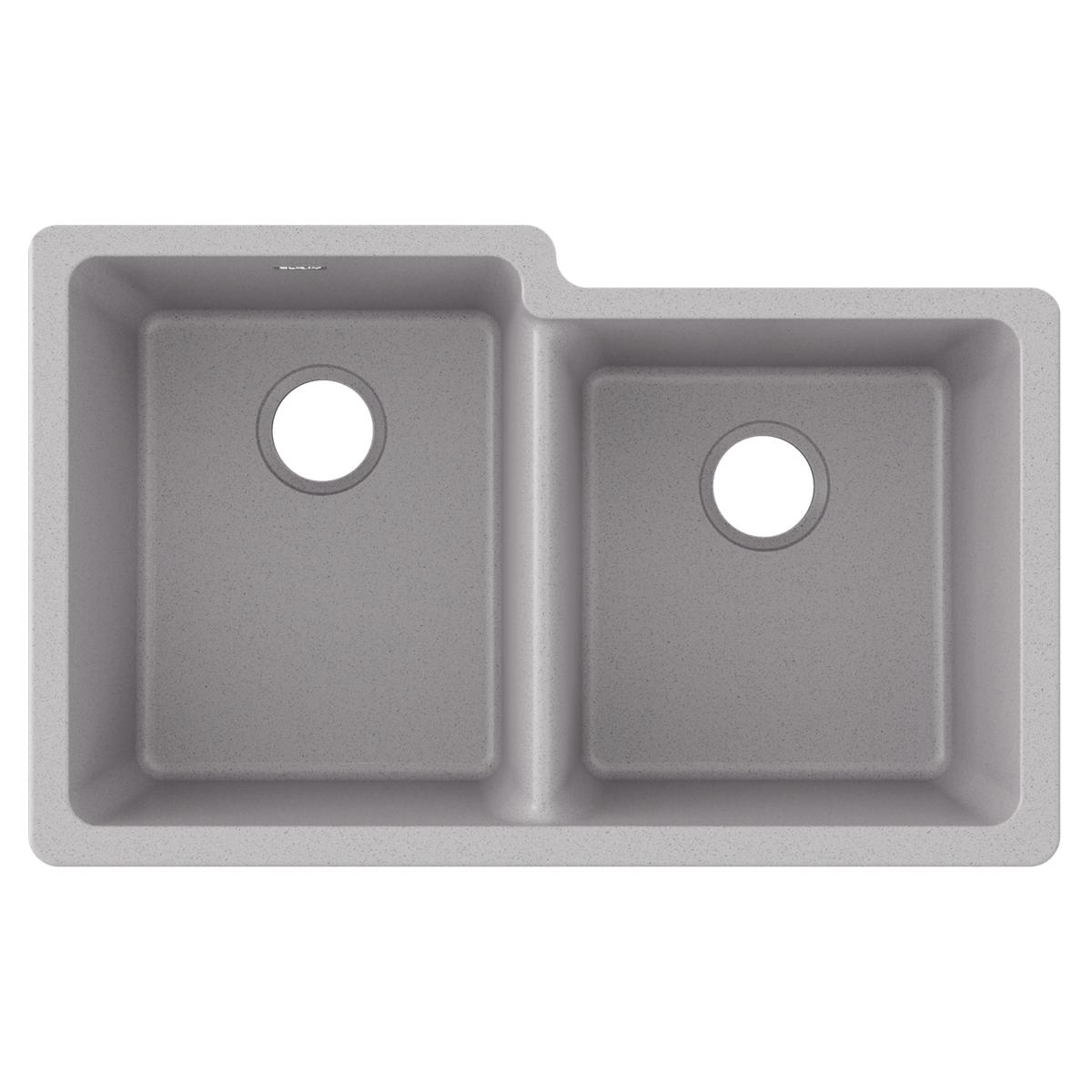 Elkay Quartz Classic 33" x 20-1/2" x 9-1/2", Offset Double Bowl Undermount Sink, Greystone ELGU250RGS0