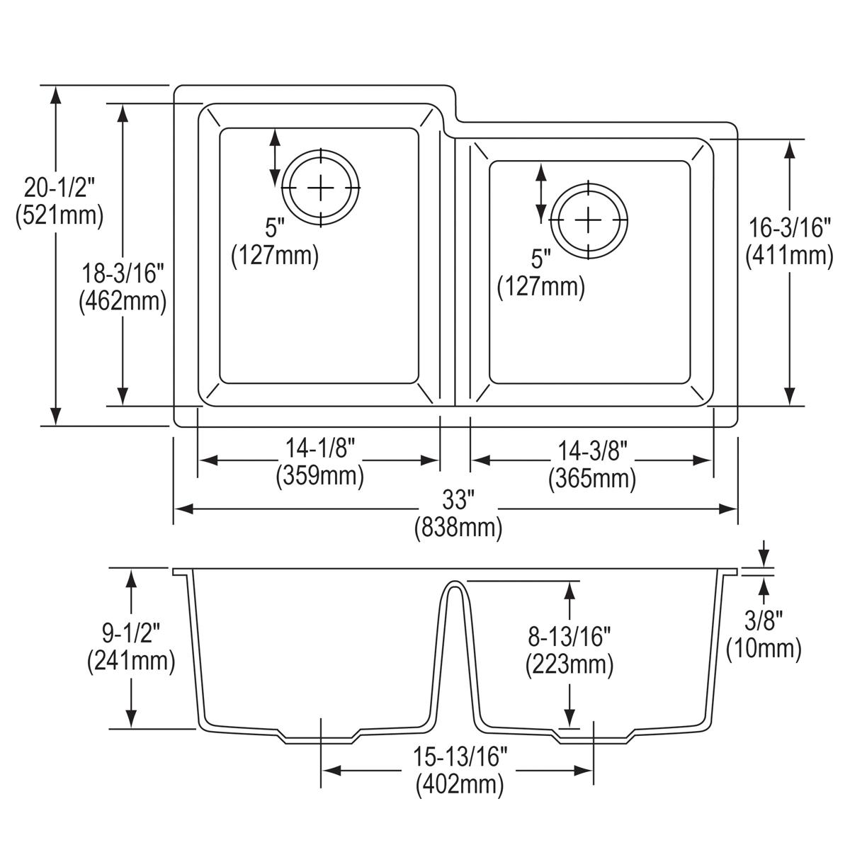 Elkay Quartz Classic 33" x 20-1/2" x 9-1/2", Offset Double Bowl Undermount Sink, Greystone ELGU250RGS0