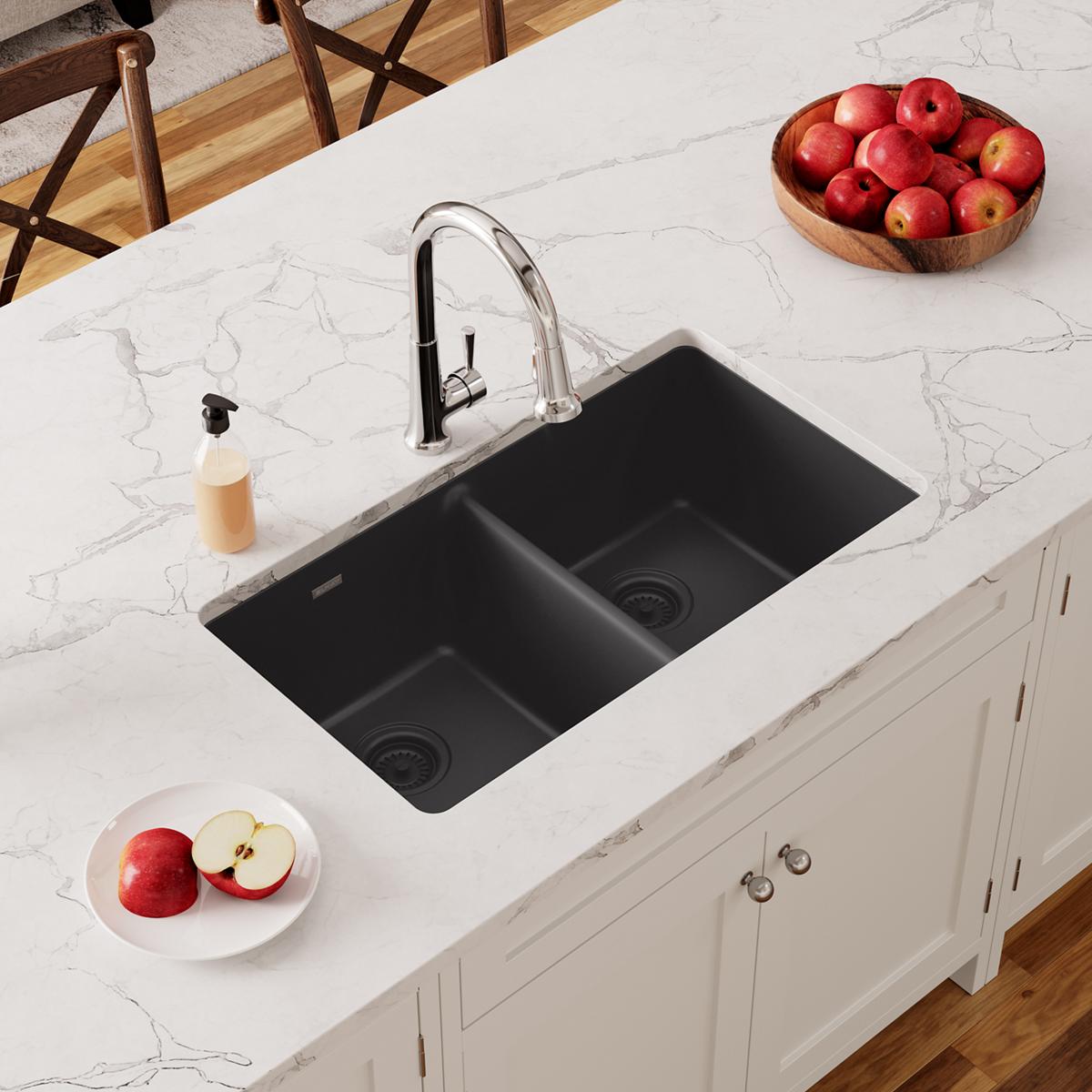 Elkay Quartz Classic 33" x 18-1/2" x 9-1/2", Equal Double Bowl Undermount Sink, Black ELGU3322BK0